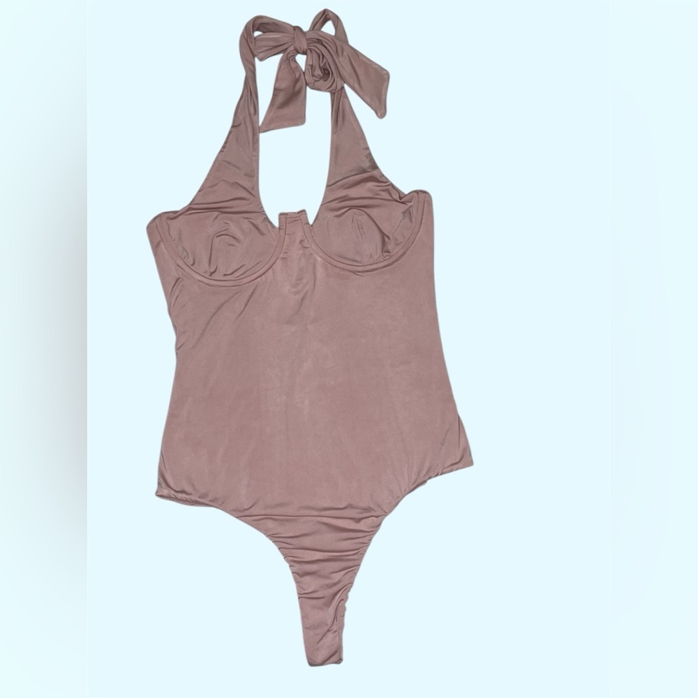 House of Cb Patrina blush pink open back halter neck bodysuit